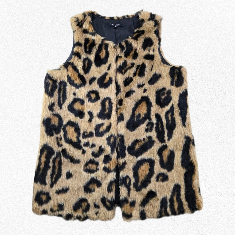 Romeo Juliet Couture Faux Fur Leopard Animal Print Vest with Pockets Size Small - Picture 2 of 10